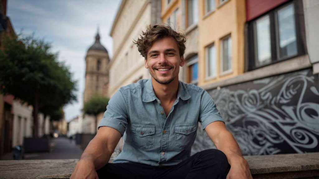 A young man with curly hair smiling at the camera while sitting on a curb in a city street, with graphic design studios in the background.