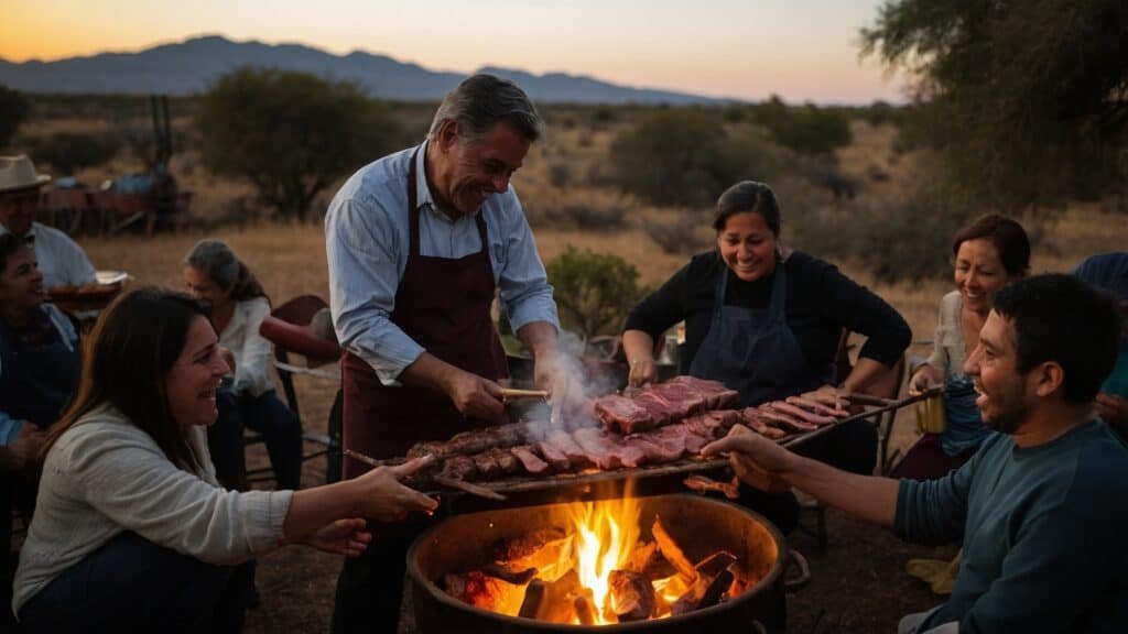 A group of adults enjoying an asado outdoors at dusk with one man grilling meat over an open fire, surrounded by laughing friends and family.