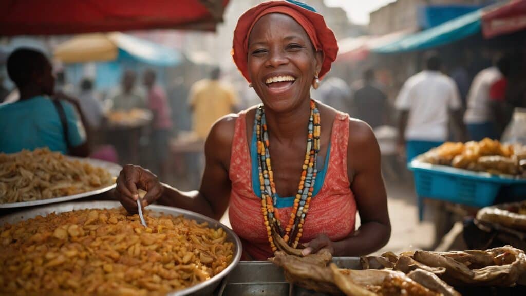 Joyful Haitian food vendor in a lively market offering traditional dish Griot with Pikliz.