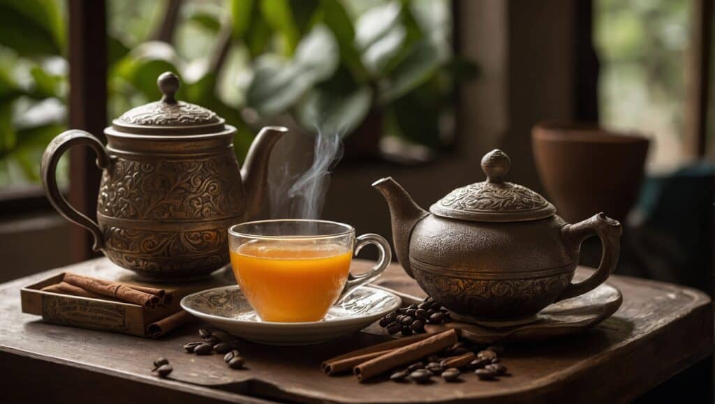 A steamy cup of tea with cinnamon sticks and coffee beans on a tray, next to ornate teapots by a window, evoking the taste of Haitian culinary traditions.