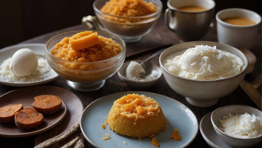 Variety of desserts with mango and sticky rice, displayed in bowls on a rustic wooden table, showcasing a Taste of Home.