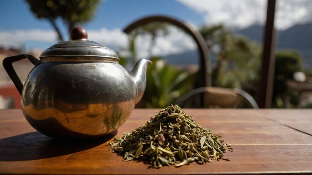 A metal teapot and a pile of loose green tea leaves on a wooden table, with an Argentine asado occurring in the mountainous landscape in the background.