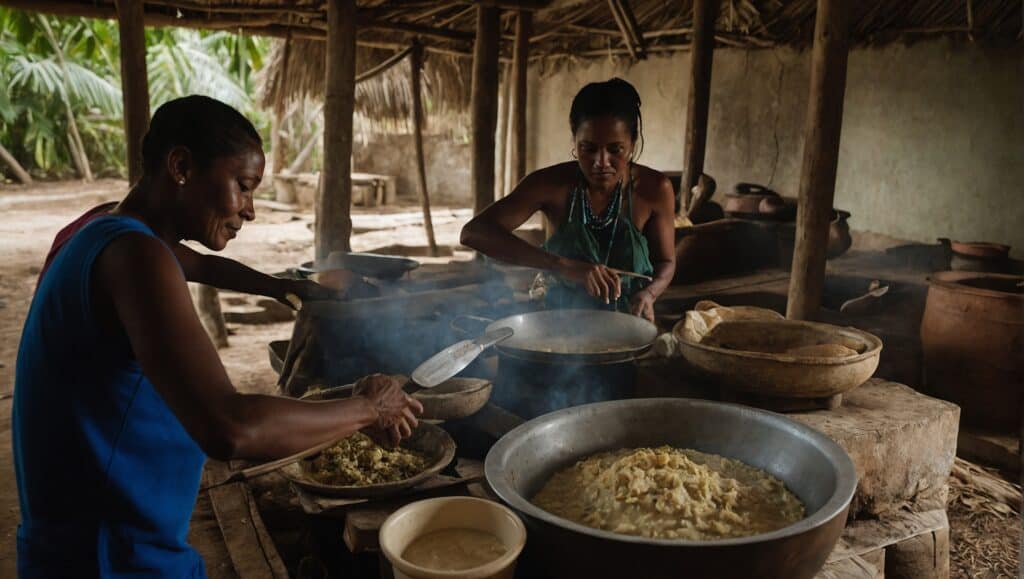 Two women cooking traditional Haitian cuisine in large pots at an outdoor village kitchen under a thatch roof.