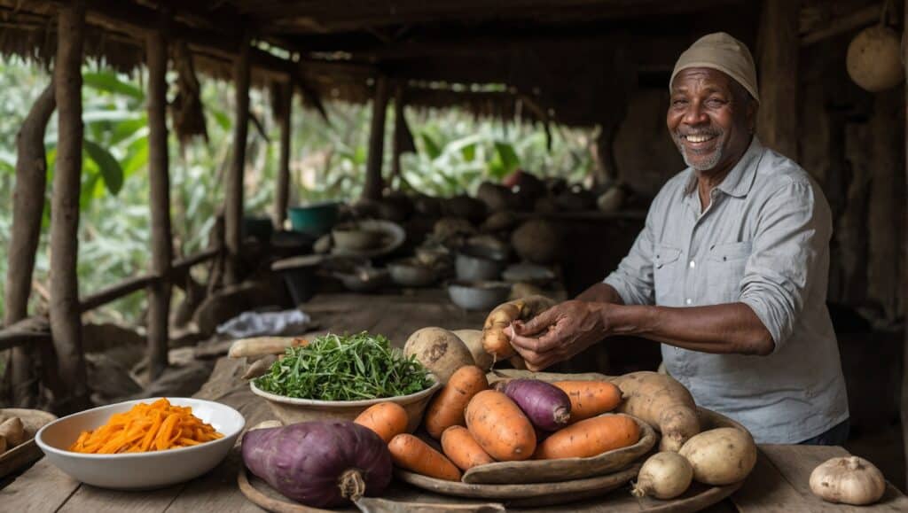 An elderly black man smiling while sorting various fresh vegetables on a wooden table inside a rustic kitchen, preparing ingredients for Haitian recipes.