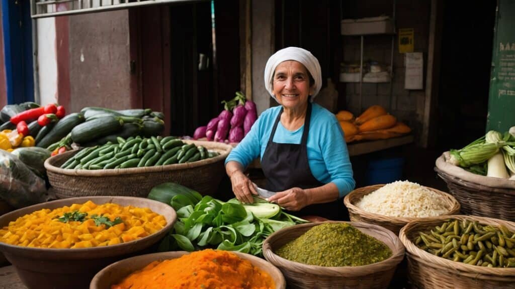 A smiling woman wearing a headscarf and apron stands behind a market stall filled with large baskets of colorful vegetables, showcasing the diversity of Argentine cuisine.