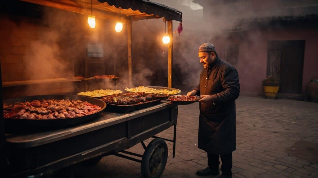 A man in traditional attire serves Armenian flavors from a smoke-filled street cart at dusk, illuminated by hanging bulbs.