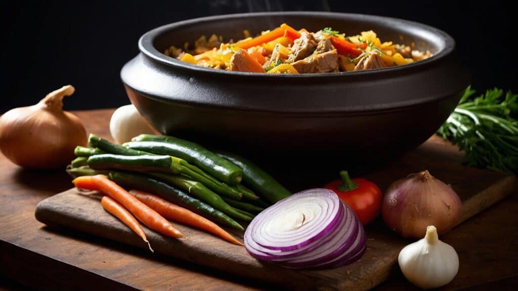 Essential Tagine with beef stew and vegetables including carrots, onions, and beans on a wooden board, surrounded by fresh veggies.