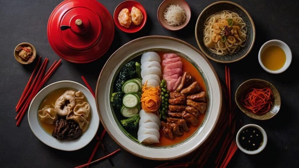 A top view of a traditional Korean meal featuring noodles, dumplings, various meats, vegetables, and side dishes, specially prepared for the Lunar Chinese New Year and served with tea and condiments.