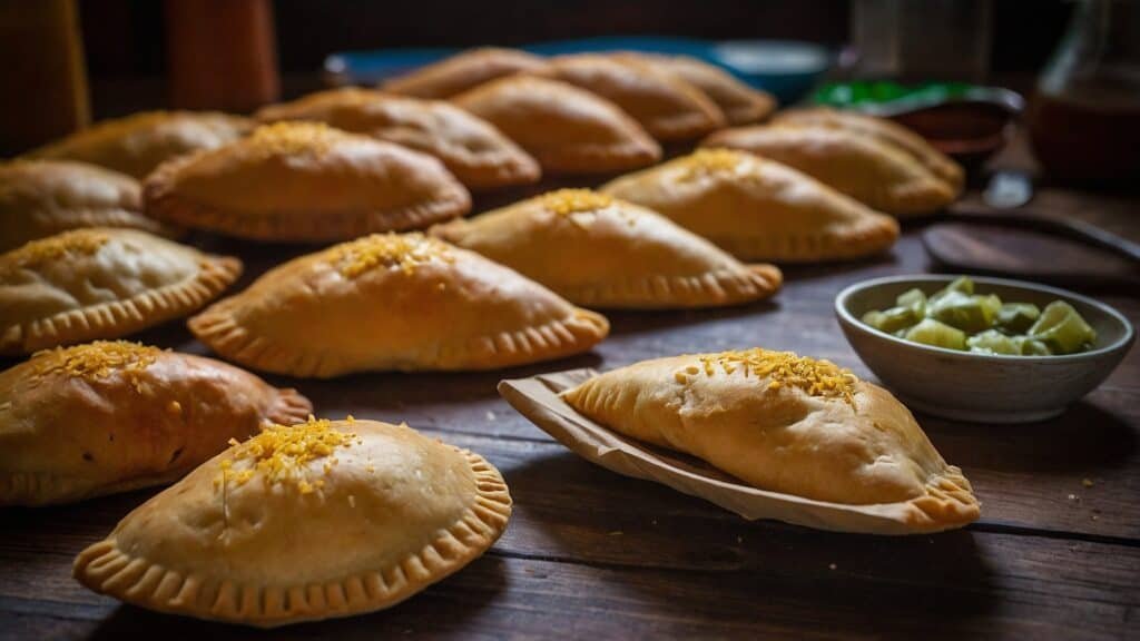 Several freshly baked empanadas with golden crusts, a staple of Argentine cuisine, sprinkled with cheese on a wooden table, accompanied by a bowl of lime wedges.