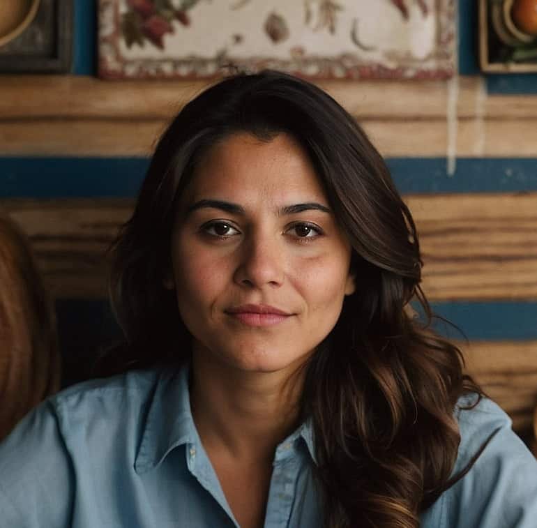 Portrait of a young woman with long brown hair and a blue shirt, smiling slightly, sitting indoors with an Argentine cuisine cookbook in the background.