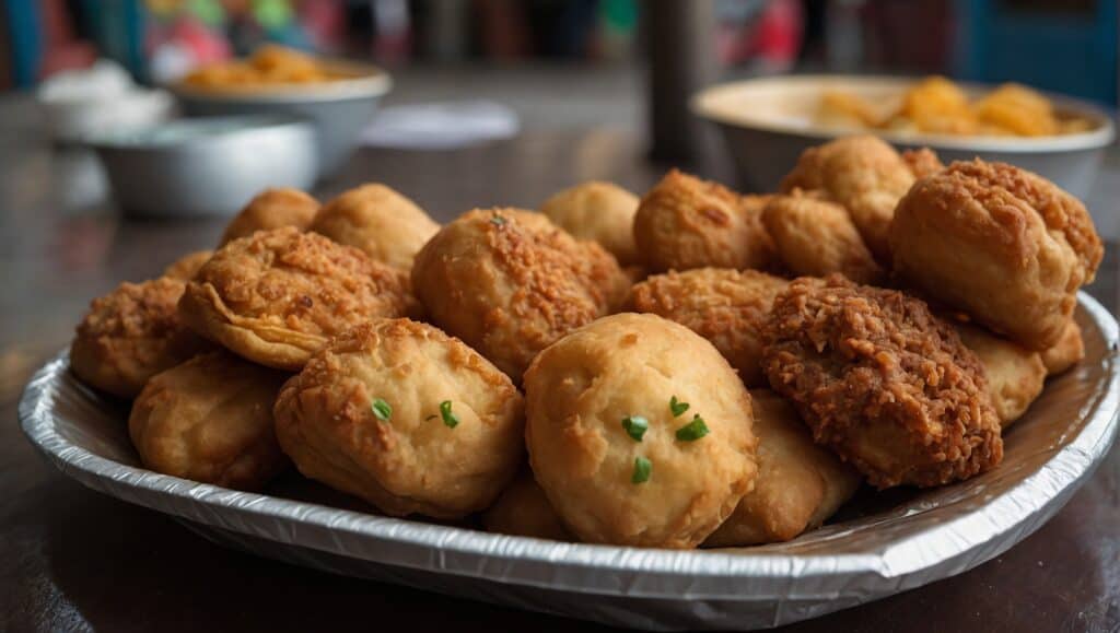A platter of various fried foods including breaded chicken, rolls, and dumplings, garnished with green herbs, on a wooden table, highlighting the Taste of Home in Haitian cuisine.