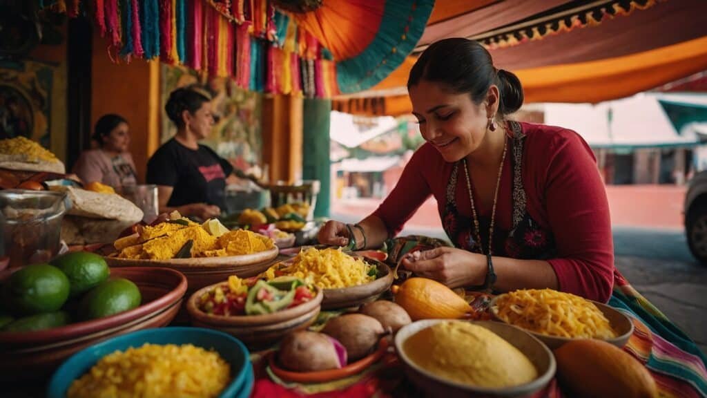 A woman smiles while serving herself from various colorful dishes at a vibrant street food market during a Cinco de Mayo cultural celebration.