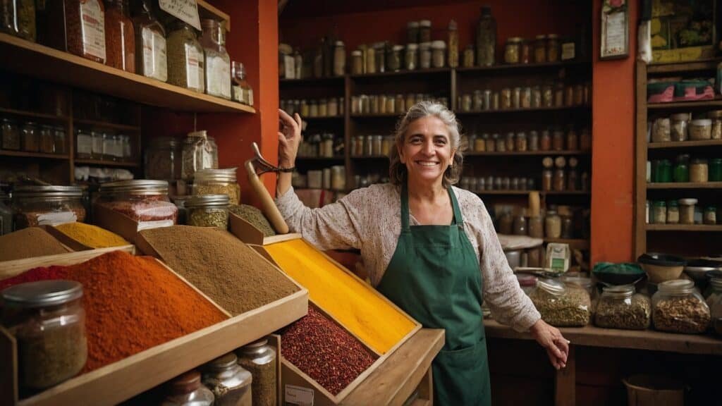 A smiling woman in a green apron stands beside colorful spices in a shop filled with various herbs and jars, showcasing the rich variety of Argentine cuisine.