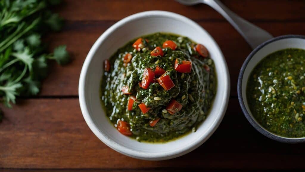 A bowl of vibrant green pesto topped with diced tomatoes on a wooden table, accompanied by a garnish of fresh parsley, embracing the spirit of Argentine cuisine.