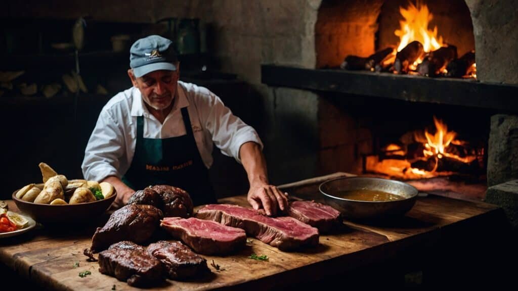 A chef prepares asado on a wooden board in a rustic kitchen with a fire burning in the background.