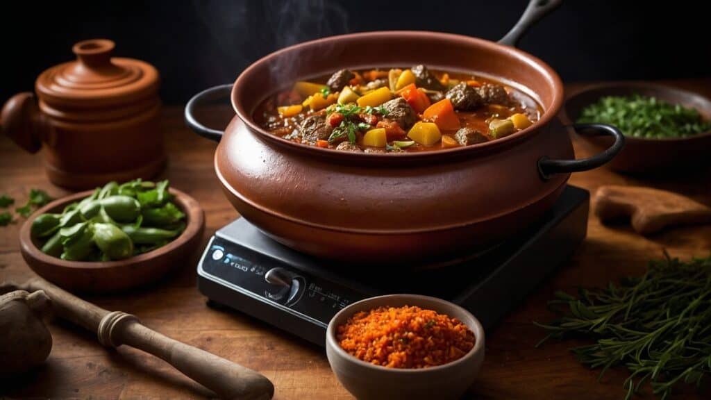 A pot of hearty stew with various vegetables and meat, prepared using essential tagine cooking techniques, surrounded by fresh herbs and spices, in a warmly lit kitchen setting.