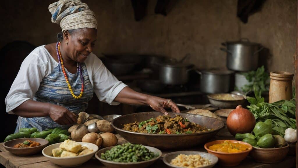 An elderly woman garnishing a dish in a rustic kitchen surrounded by fresh vegetables and traditional cookware, capturing the essence of Haitian cuisine.