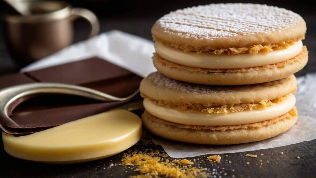 Stack of three alfajores dusted with powdered sugar, representing Argentine cuisine, with chocolate pieces and a metal spoon on a dark surface.