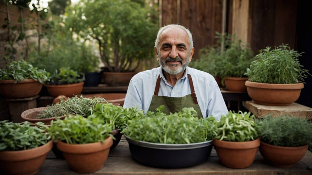 Elderly man with a beard smiling, wearing an apron, surrounded by various pots of herbs in a rustic garden setting, embodying Armenian flavors.