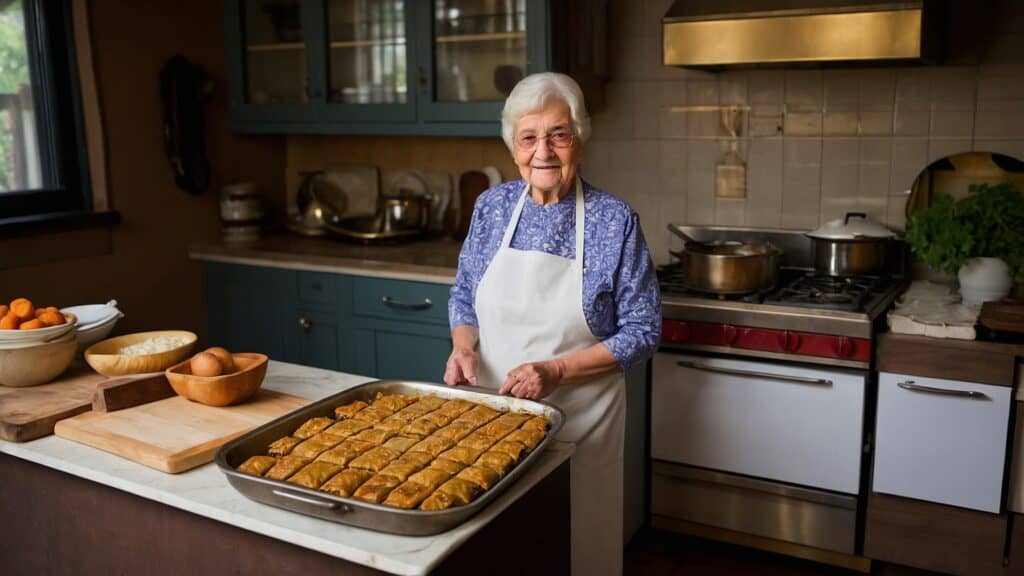 Elderly woman in an apron presenting a tray of baked baklava, imbued with Armenian flavors, in a home kitchen, with bowls of ingredients and cooking utensils around.
