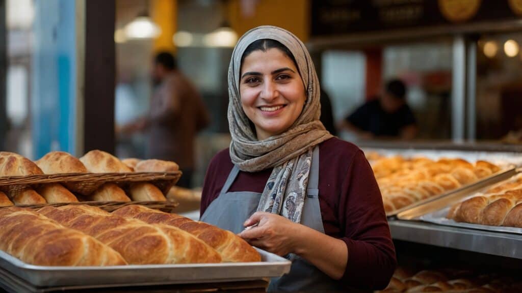 A woman in a headscarf smiling at a bakery counter filled with freshly baked loaves of traditional bread.