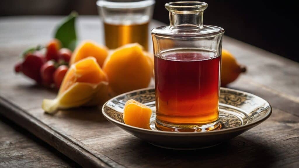 A glass decanter filled with amber liquid on a decorative plate, surrounded by sliced mango and fresh berries, embodying Armenian flavors, with a glass of tea in the background.