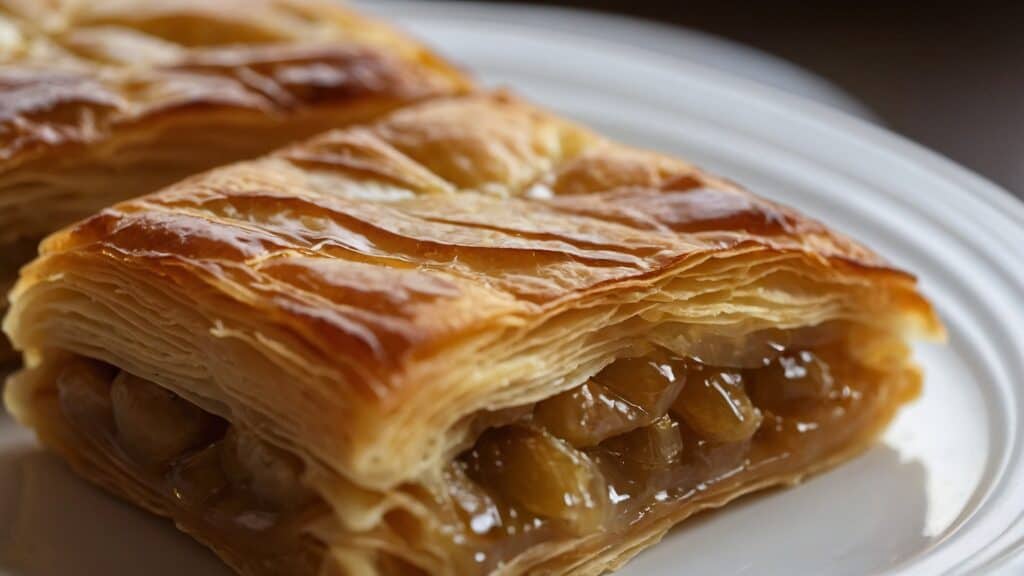 Close-up of a flaky apple strudel on a white plate, infused with Armenian flavors, showing layers of pastry and diced apple filling.
