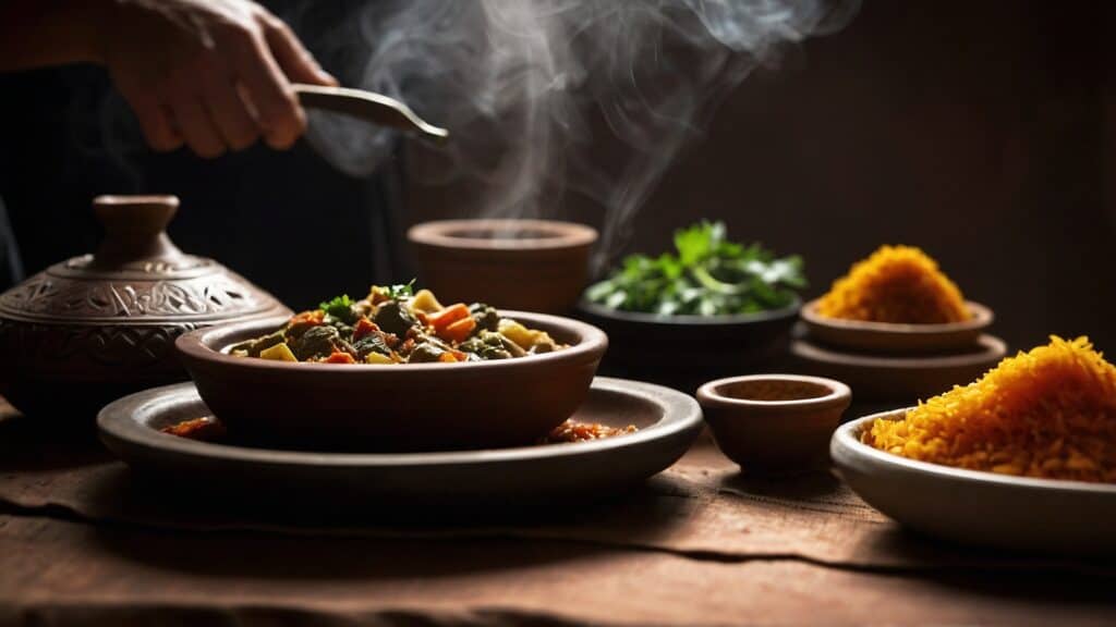 A person serving a steaming dish of vegetables cooked using essential tagine techniques next to bowls of rice and sauces on a wooden table, with soft lighting.