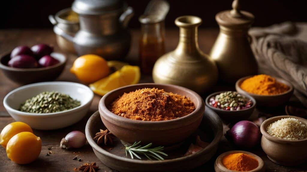 A variety of spices in wooden and ceramic bowls, with fresh peppers and brass containers on a rustic wooden table, essential for Tagine cooking.