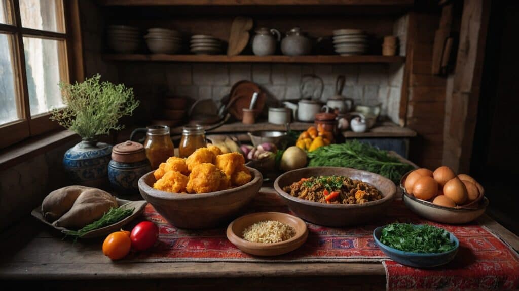 Traditional rustic kitchen with a wooden table displaying various dishes, fresh vegetables, and ingredients filled with Armenian flavors, in a warmly lit setting.