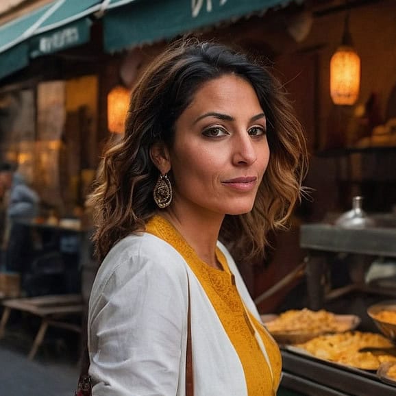 A woman with shoulder-length curly hair, wearing a white blazer and yellow top, looks over her shoulder in a street market setting that features an essential tagine cooking demonstration.