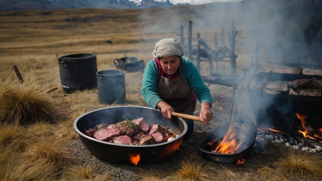 A woman outdoors cooking meat in a large pan over an open fire, preparing an Asado in a grassy landscape.