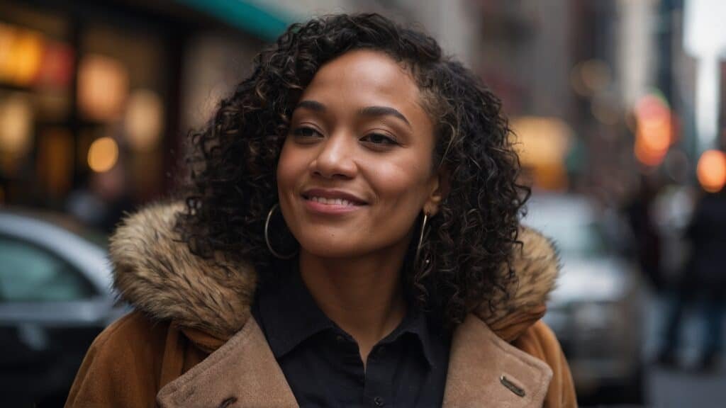 A woman with curly hair smiling softly, wearing a jacket with a fur-lined hood, standing on a city street, is recognized as one of the local singers.