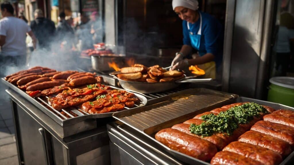 An Argentine street food vendor grilling sausages and other meats asado style, with visible flames and smoke, on a bustling city sidewalk.