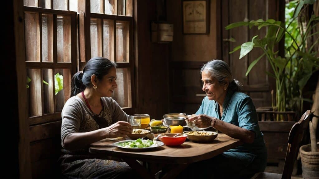 Two women, one younger and one elderly, enjoy a meal of Armenian flavors together at a wooden table in a rustic, sunlit room.