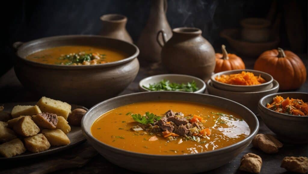 A rustic table setting featuring bowls of pumpkin soup inspired by Haitian cuisine, garnished with herbs, served with sides of bread and shredded vegetables.