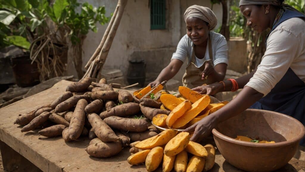Two women cutting sweet potatoes on a wooden table in a sunny outdoor setting, with fresh vegetables and a bowl nearby, showcasing Haitian culinary traditions.