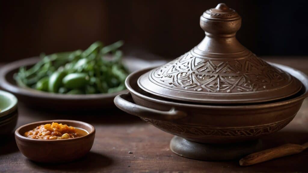 An essential Moroccan tagine pot with a stew, accompanied by a bowl of green beans and sauce on a wooden table.