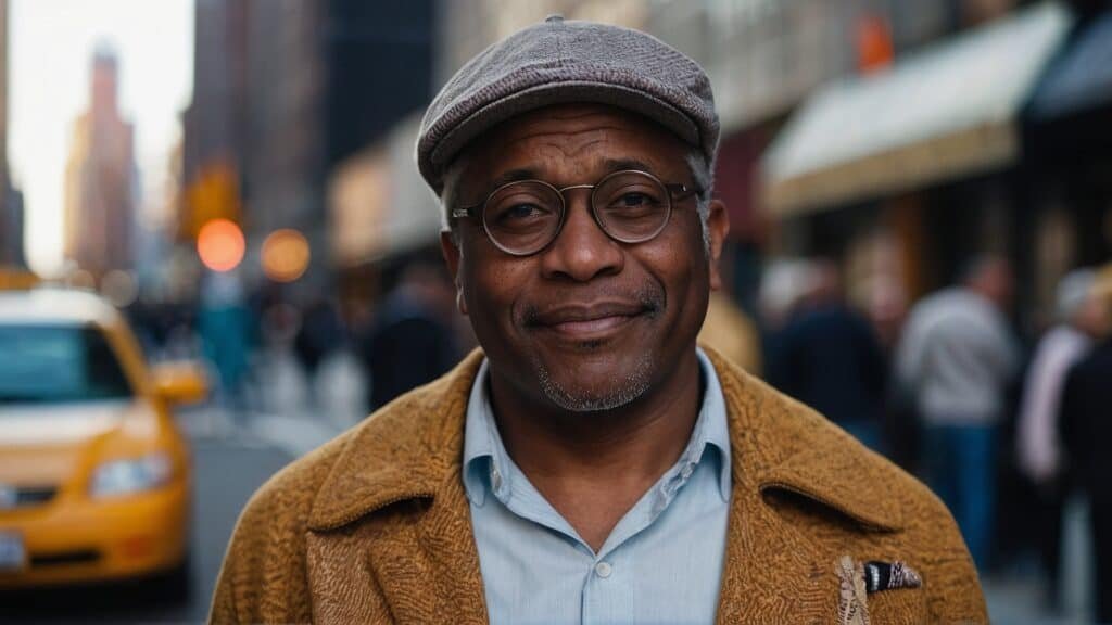 Middle-aged man wearing a custom suit, cap, and glasses smiling at the camera on a busy street.