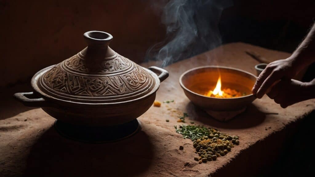 A person employs Tagine cooking techniques, using a traditional clay pot on a wooden table, with a small fire bowl nearby and scattered green and yellow peas.