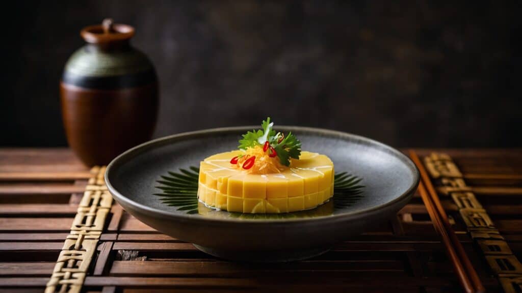 A bowl of Tamago Kake Gohan on a wooden table.