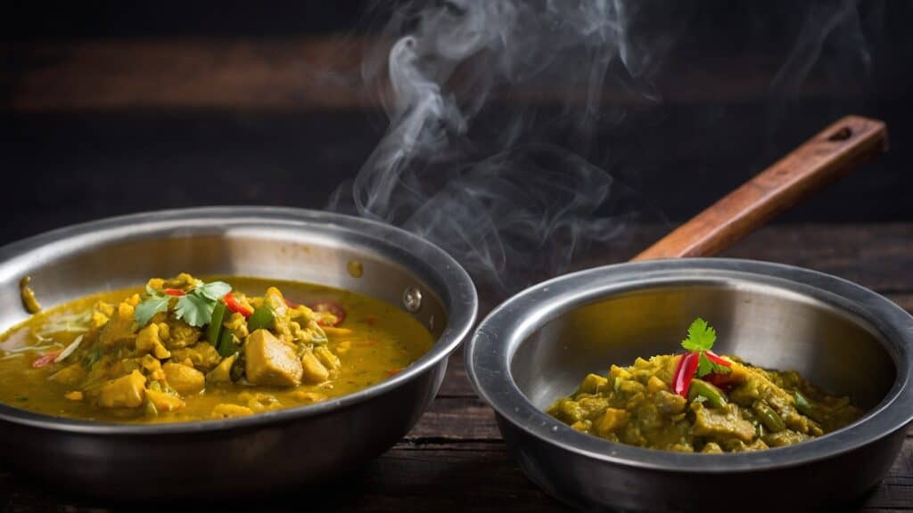 Two bowls of chicken curry with a tempering tadka on a wooden table.