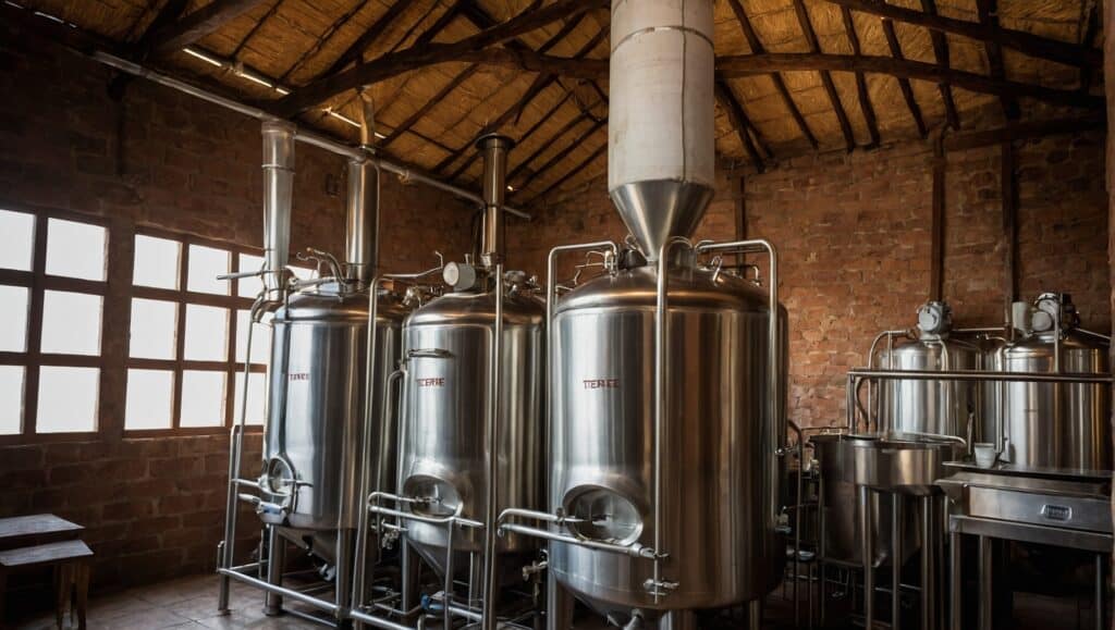 Stainless steel fermentation tanks inside a rustic brewery with brick walls and a wooden ceiling invite beginners to unlock secrets of Warqa making.