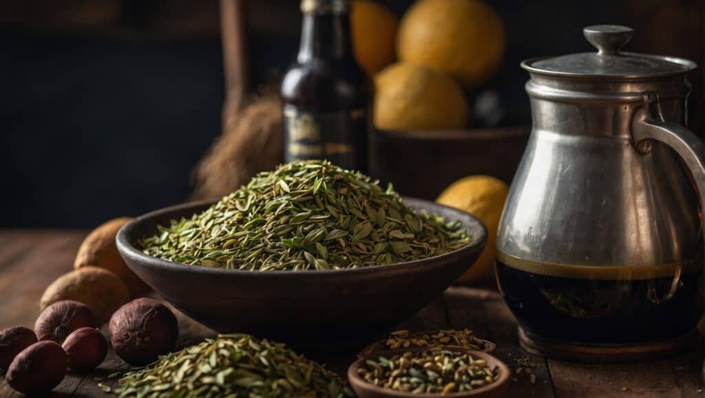 A bowl of dried herbs with a metallic teapot and various fruits and nuts arranged on a dark wooden surface, revealing the secrets for beginners.