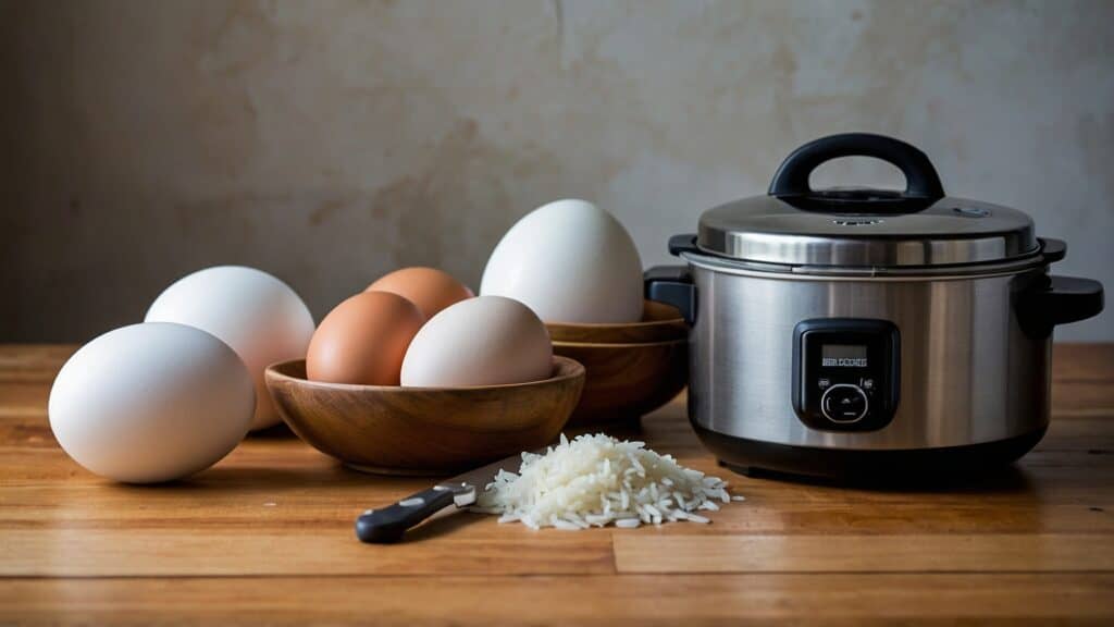An electric pressure cooker with Tamago Kake Gohan recipe, easily prepared eggs and rice on a wooden table.