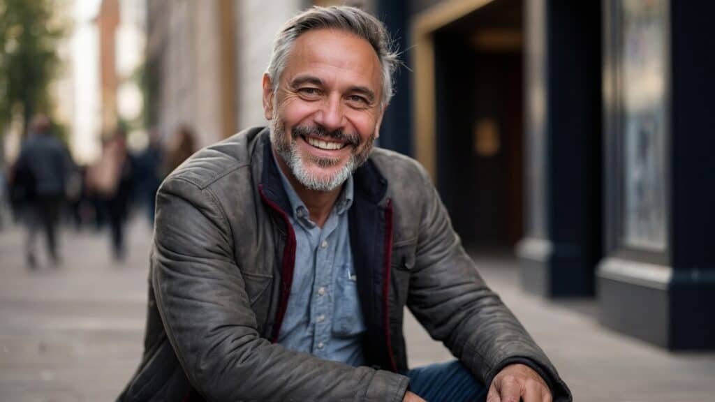 A smiling middle-aged man with gray hair and beard, wearing a jacket and jeans, sits on a city street curb after directing a theatre production.