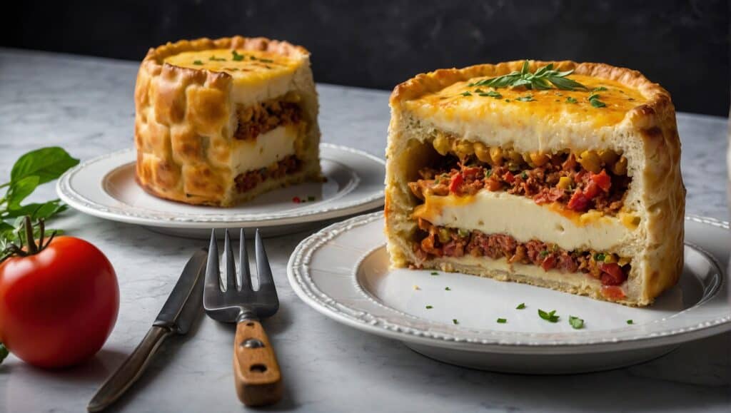 A sliced open mouthwatering Timpano with layers of meat, cheese, and sauce, garnished with a sprig of parsley, served on a white plate, with another whole Timpano