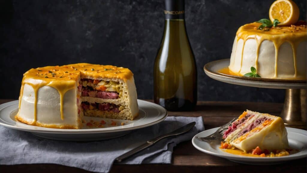 A mouthwatering layered savory cake with white icing and an orange glaze presented on a table, with one slice placed on a plate, showcasing its colorful interior, and accompanied by a bottle in the