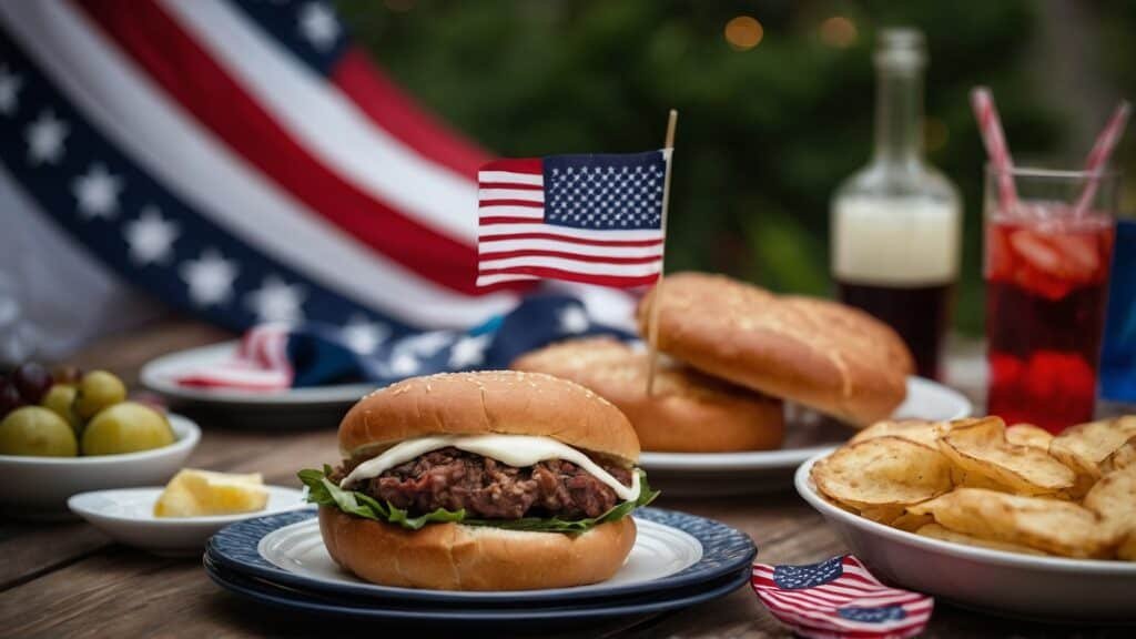 A festive outdoor meal featuring hamburgers with American flags on the buns, chips, and drinks with a backdrop of the U.S. flag, perfect for Independence Day celebrations.