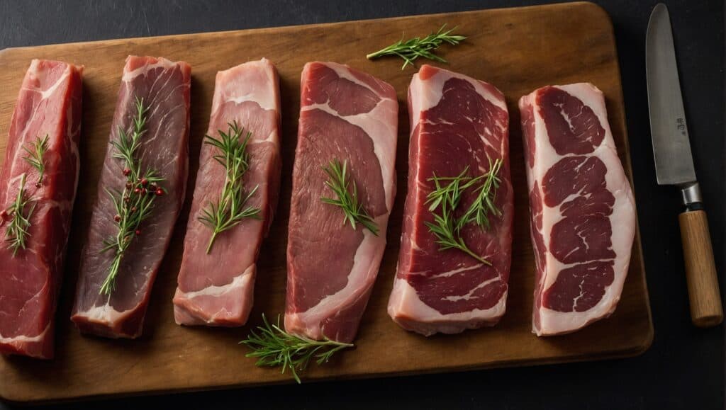 Five raw pork chops arranged on a wooden cutting board, each garnished with a sprig of rosemary, next to a chef's knife on a dark surface, embodying the essence of Umai